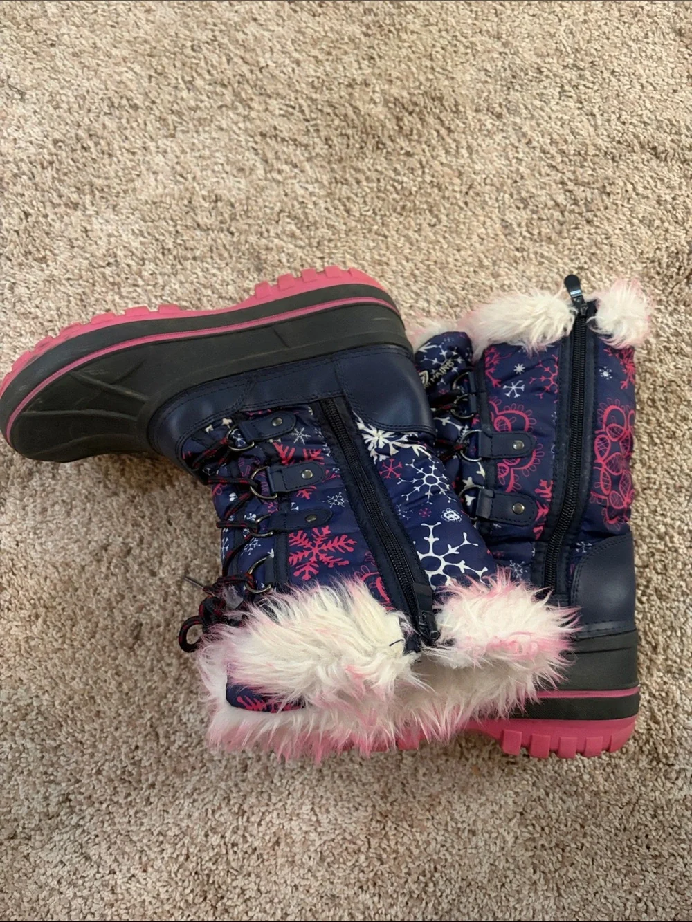 Kids Navy and Pink Winter Snow Boots with Faux Fur